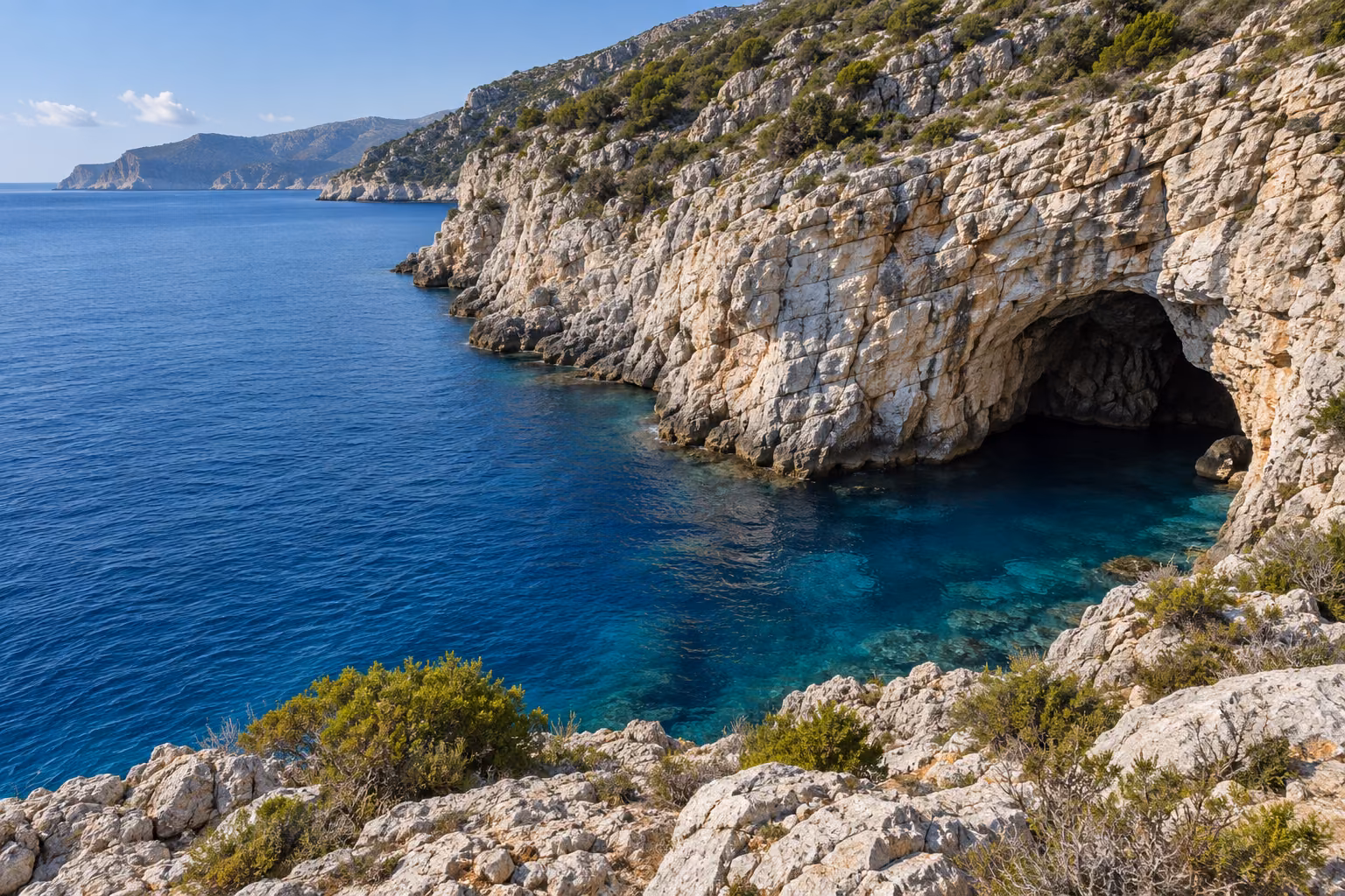 Recreación fotográfica de una cavidad costera en roca caliza de Cefalonia; no representa una cueva concreta.