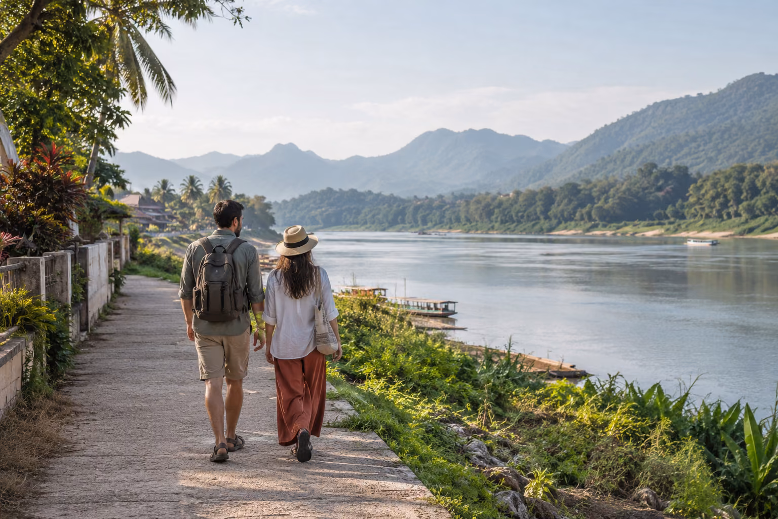 Recreación fotográfica de una pareja paseando junto al Mekong en Luang Prabang, con colinas verdes al fondo.