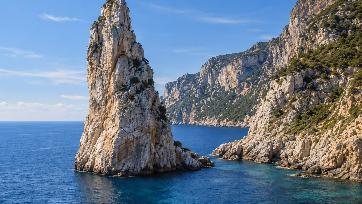 Recreación editorial de una aguja clara de caliza junto al mar y frente a un escarpe costero; no es una fotografía documental de Pedra Longa.