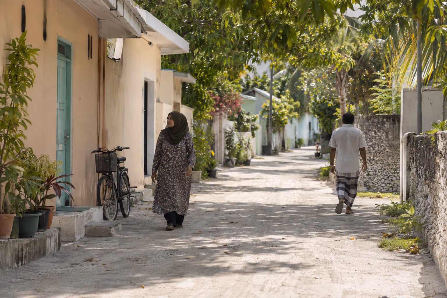 Recreación editorial de una calle residencial con dos vecinos en su vida cotidiana; no representa una calle concreta de Fulhadhoo.