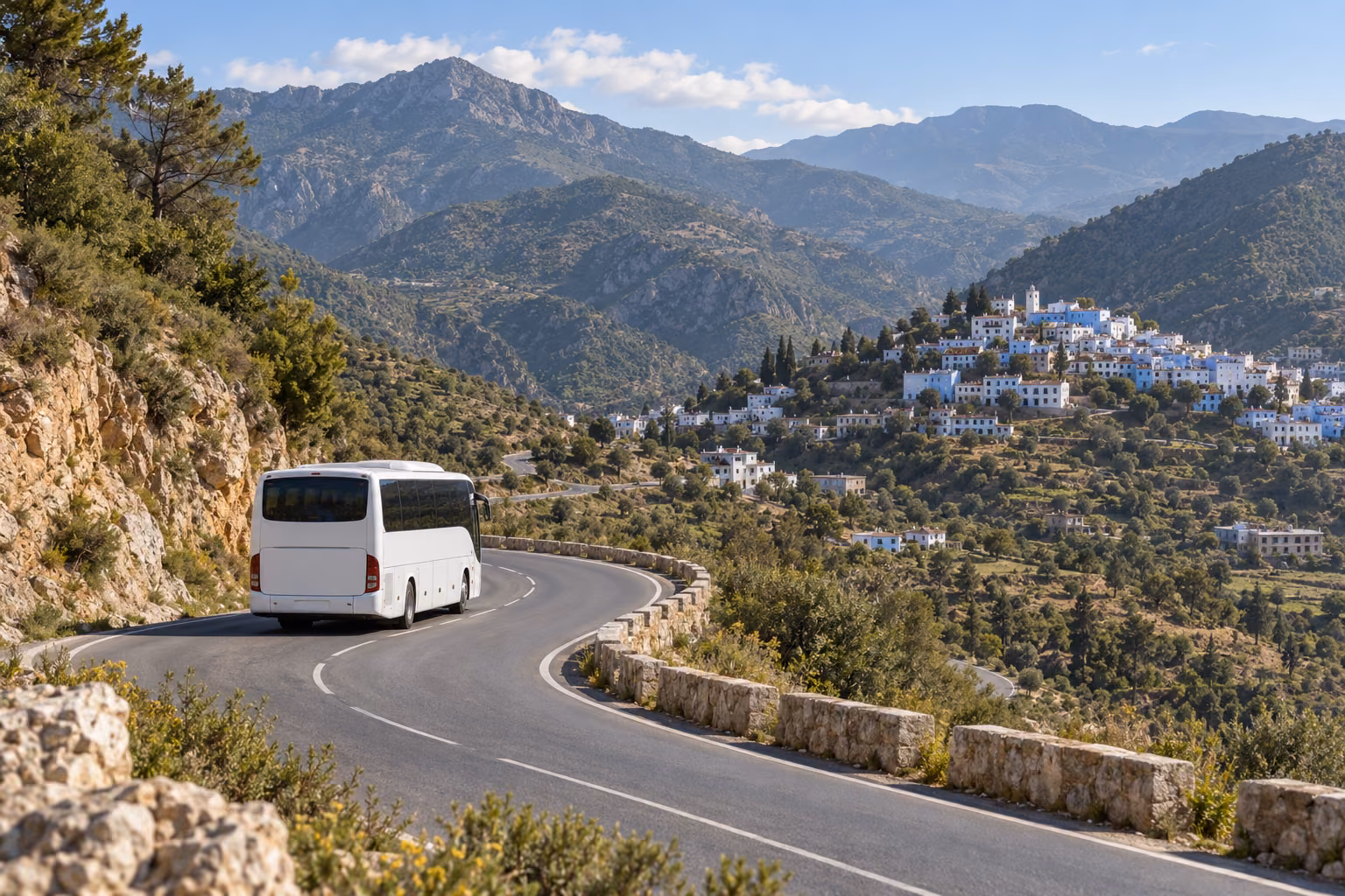 Recreación fotográfica de un autocar en una carretera del Rif rumbo a Chefchaouen.