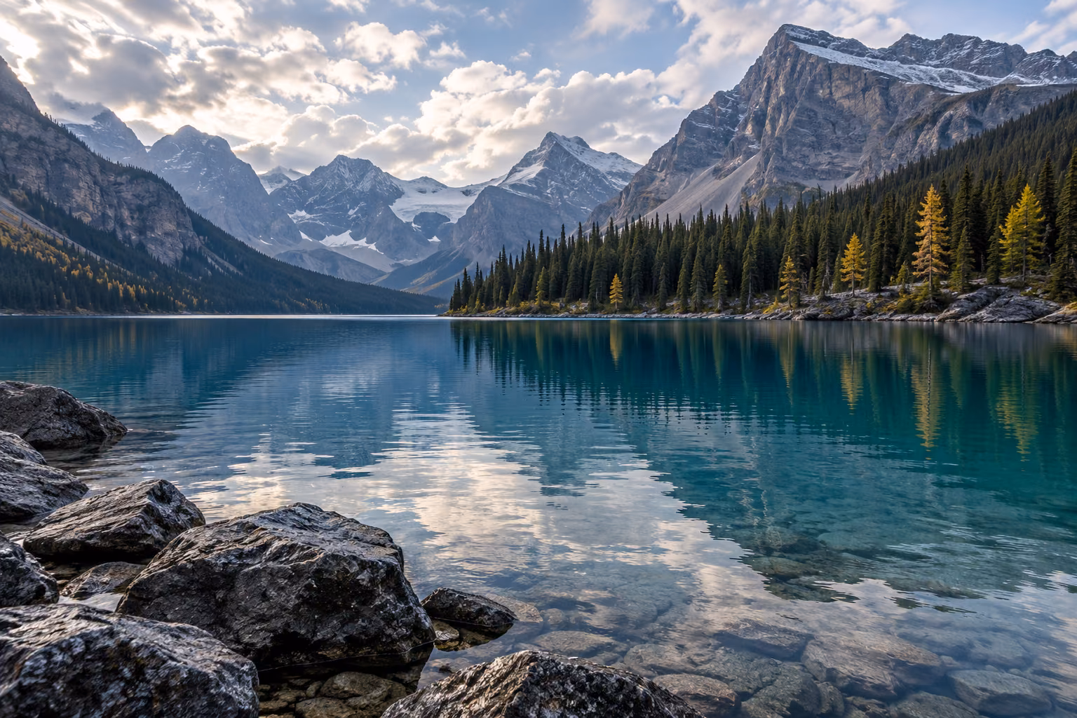 Recreación editorial de un lago glaciar de montaña con agua turquesa, rocas oscuras y picos al fondo; no representa de forma documental Lake Louise ni Moraine Lake.