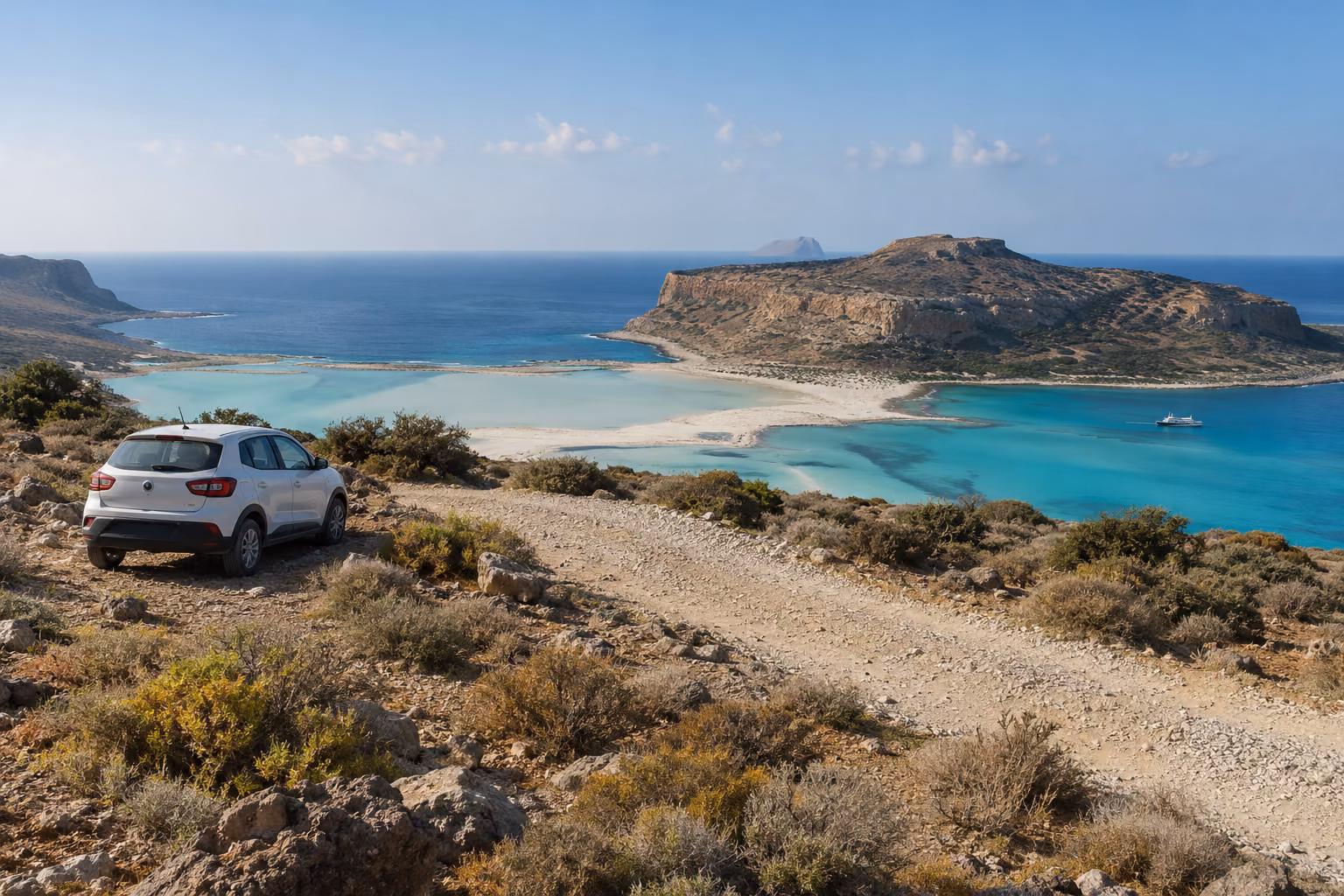 Coche detenido junto a un camino de grava en la costa de Creta, con la laguna y un barco de excursión al fondo; recreación editorial, no imagen documental del acceso actual.