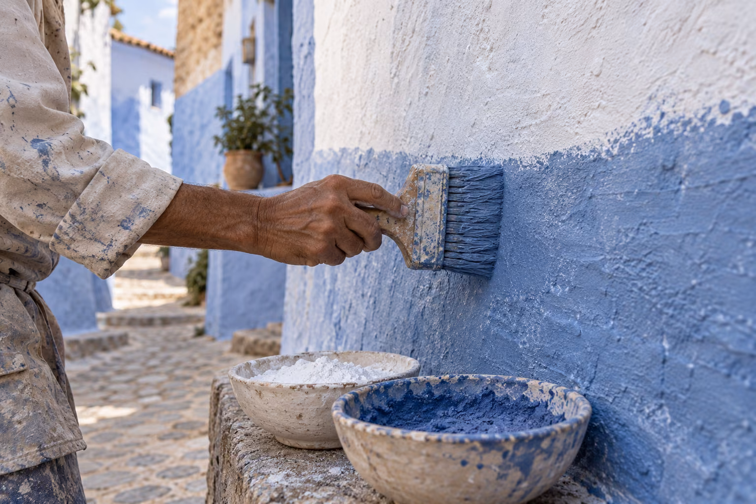 Recreación fotográfica de una mano aplicando azul sobre un muro encalado en Chefchaouen