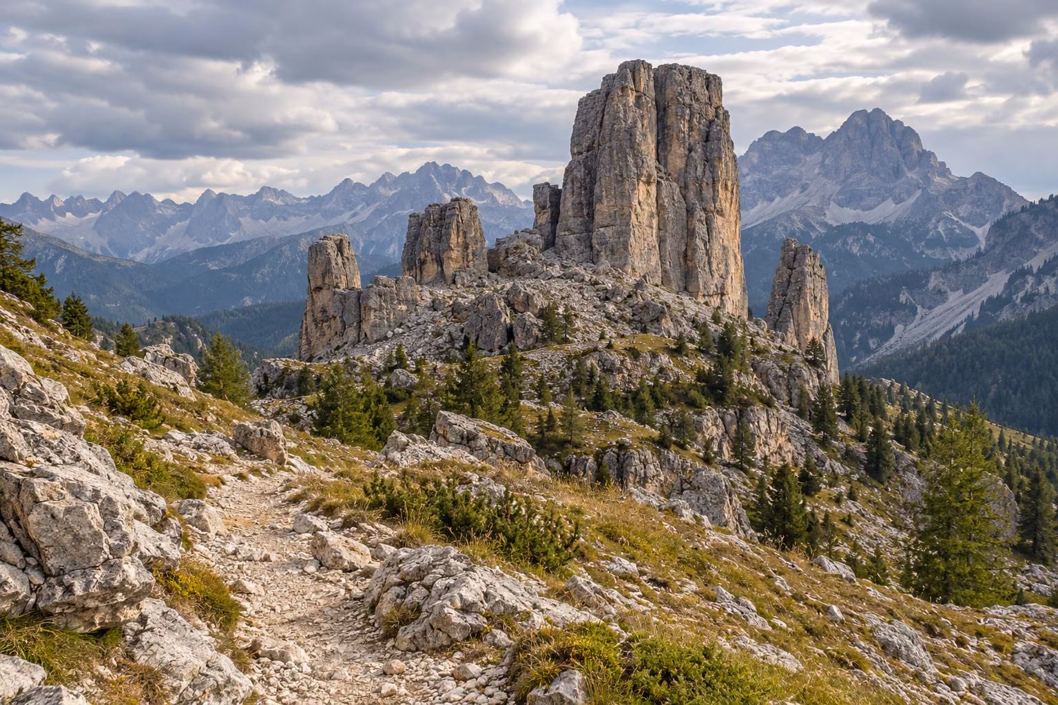 Recreación editorial de un sendero de piedra caliza ante las torres de Cinque Torri; no documenta un punto de vista exacto ni confirma las condiciones actuales del recorrido.