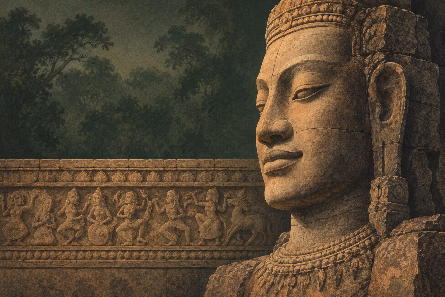 Recreación editorial de un rostro escultórico y un relieve en piedra, inspirada en el arte jemer; no es una fotografía documental del Bayon.