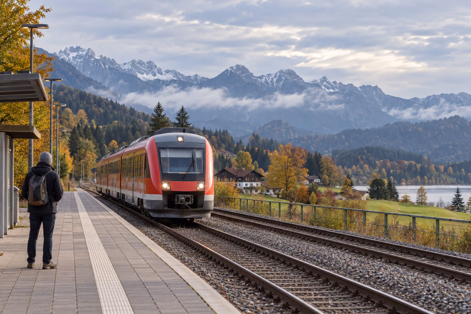 Recreación fotográfica de un tren regional que llega a una estación alpina.