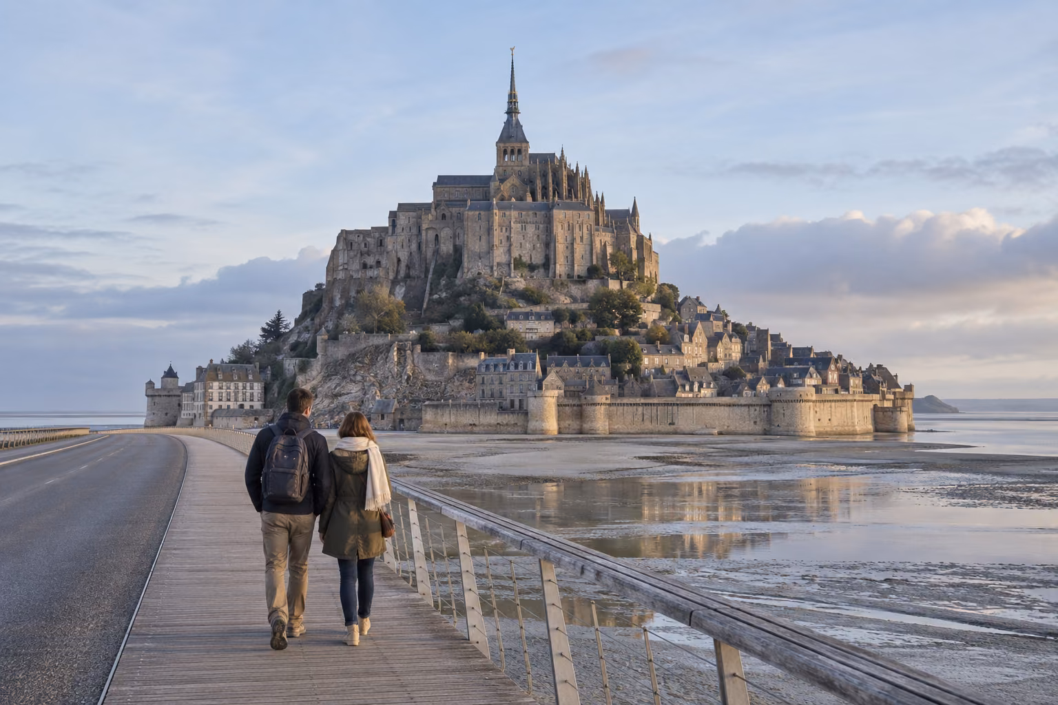 Una pareja camina por la pasarela hacia el Mont-Saint-Michel al amanecer; recreación fotográfica.