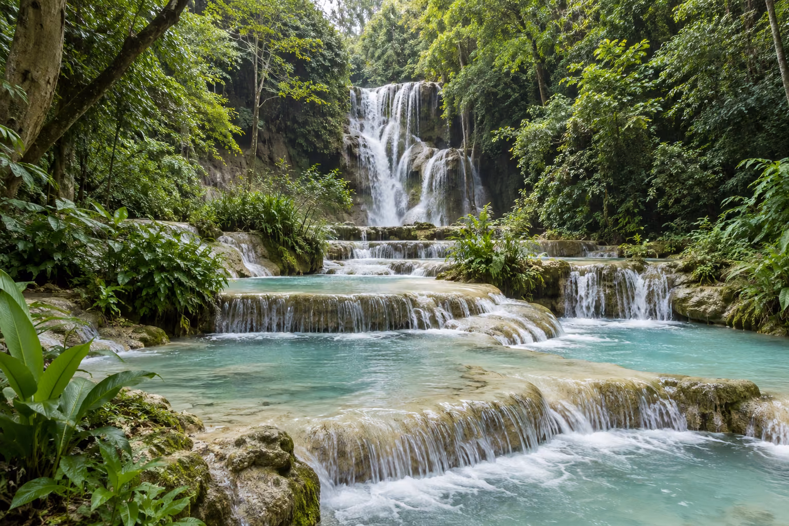 Recreación editorial de terrazas calcáreas y piscinas de agua azul verdosa entre vegetación en Laos.