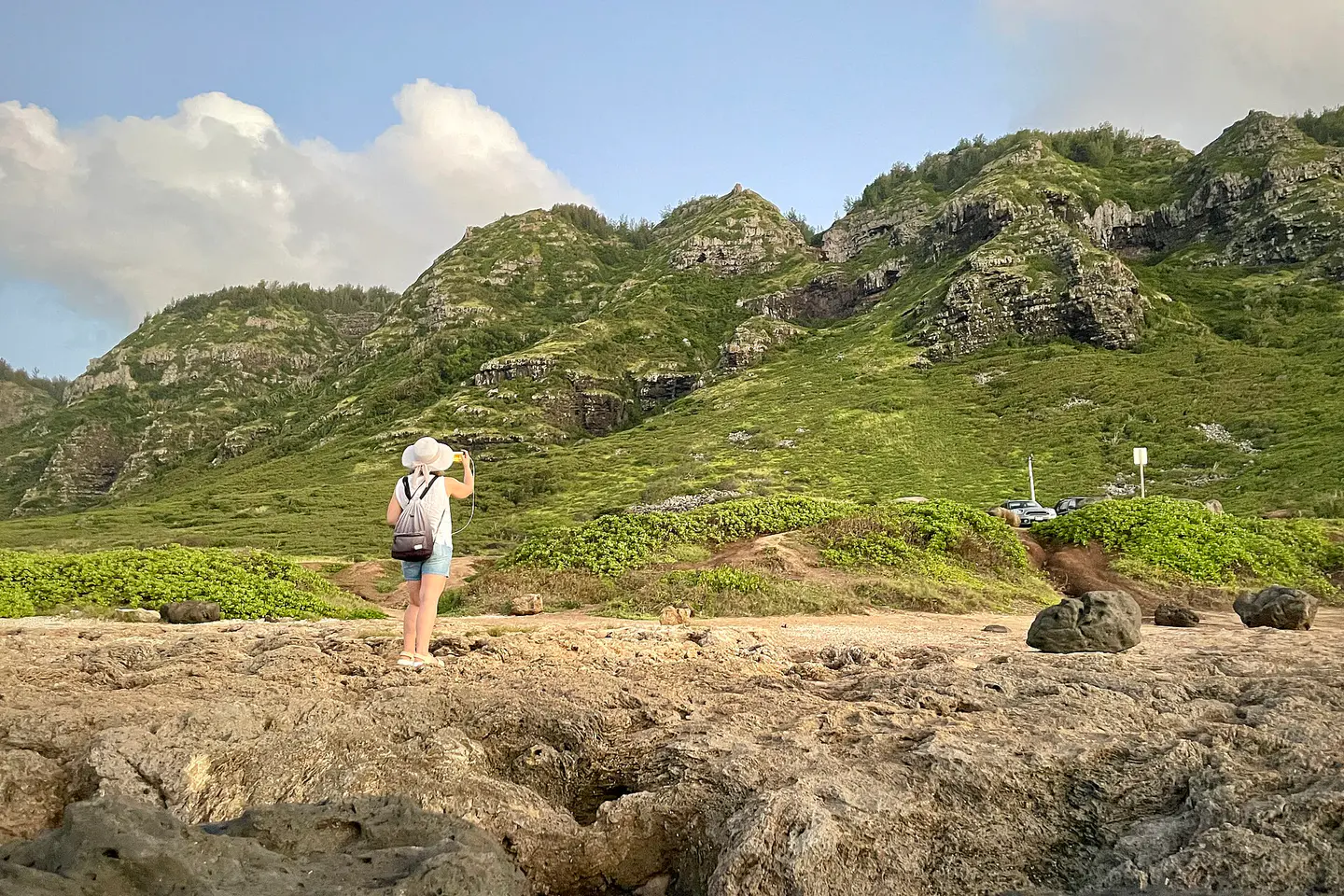 Acantilados volcánicos y visitante en Kaʻena Point